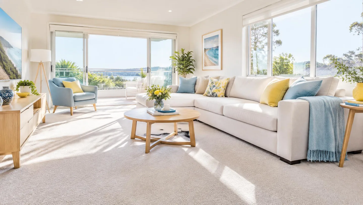 A bright, freshly steam-cleaned living room
